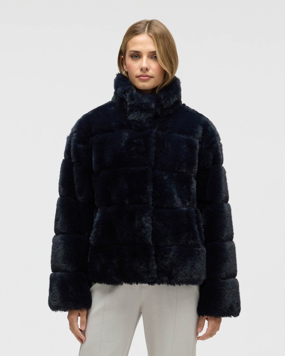 NVLT Wide Stripe Faux Fur Jacket Women's Navy S Vegan NEW MOBWIFE Hook closure